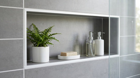 Recessed shower niche in grey tiles holding fern, soap bar and two pump dispensers