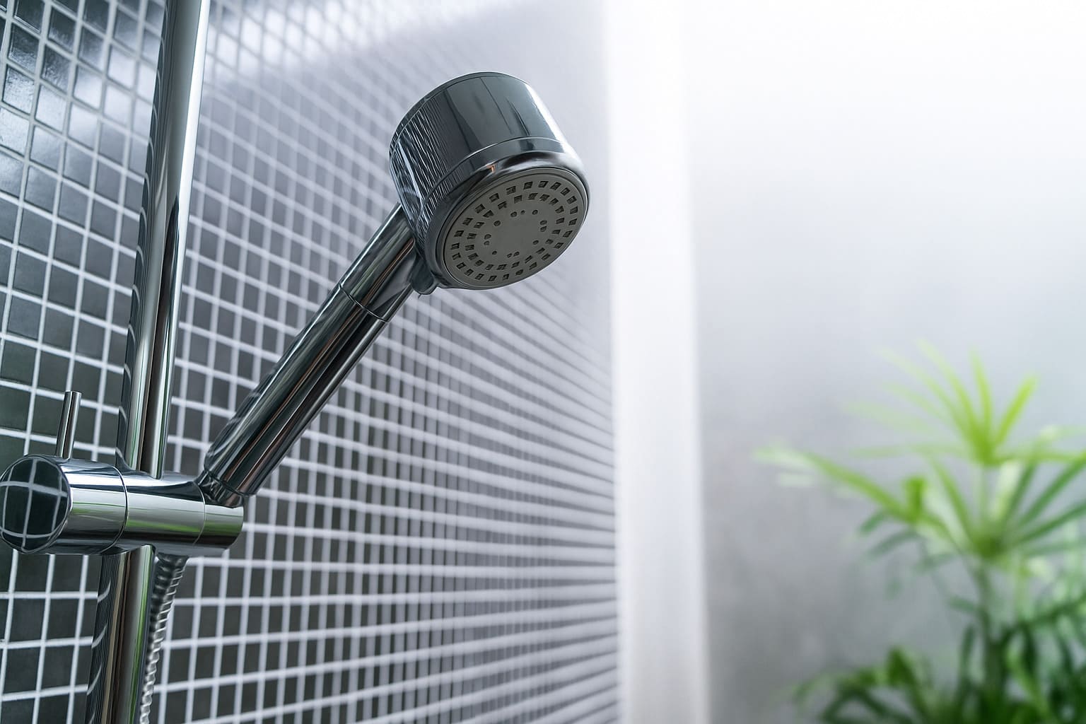 Chrome handheld shower head on tiled bathroom wall