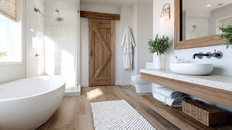 Sleek modern bathroom with clean lines, natural light, and warm timber accents