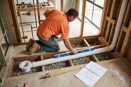 Tradesman checking spirit level on PVC toilet drain pipe over gravel bed