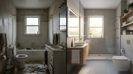 Before and after bathroom renovation, derelict left, modern grey tiled layout right