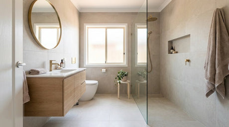 Modern bathroom with timber vanity, round gold mirror, and frameless glass shower