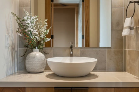 Bathroom vanity with vessel sink, wood cabinets, large mirror, and flower vase