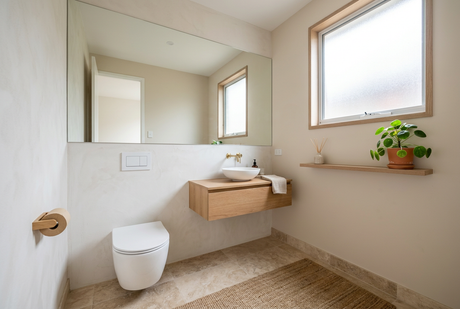 Compact neutral toilet room with floating timber vanity, vessel basin, and gold tapware