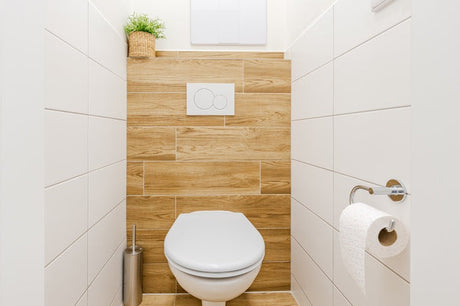 Compact toilet room with wall-hung toilet, wood-look feature tiles and potted plant