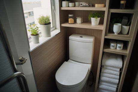 Compact WC with timber shelving, folded towels, potted plants and window