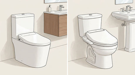 Side-by-side illustration of a smart toilet and a bidet seat toilet
