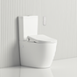 Modern smart toilet with bidet seat in white bathroom