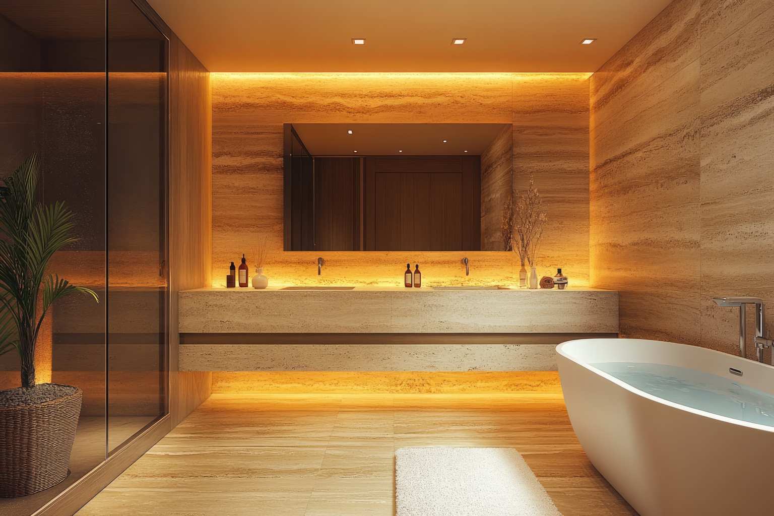 Spa-style bathroom with warm ambient lighting, stone walls, large mirror, and freestanding bathtub.