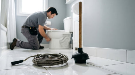 Plumber kneeling beside white toilet with drain snake and plunger on tiled floor