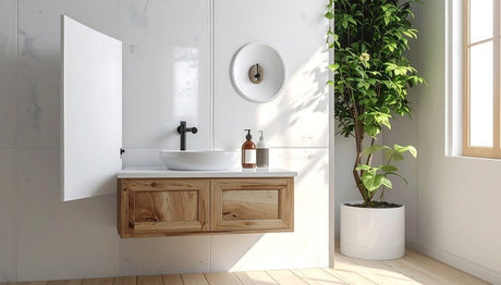 Floating timber bathroom vanity with white basin, black tap and indoor plant