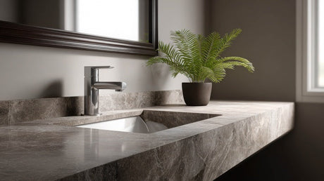 Marble bathroom countertop with integrated sink, chrome faucet, mirror, and potted fern