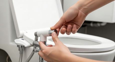 Hands adjusting bidet sprayer control attached to toilet seat in modern bathroom.