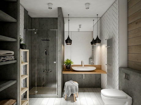 Industrial bathroom with glass shower, wood vanity, wall-hung toilet, and pendant lights