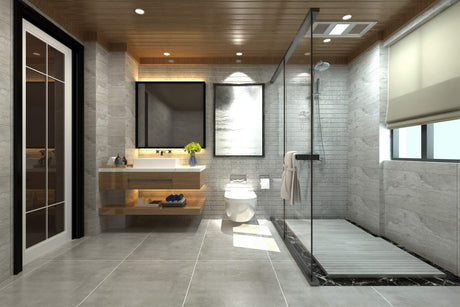 Modern bathroom with wall-mounted toilet and toilet paper holder at standard height