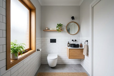 Compact toilet room with white subway tiles, timber vanity, and black basin