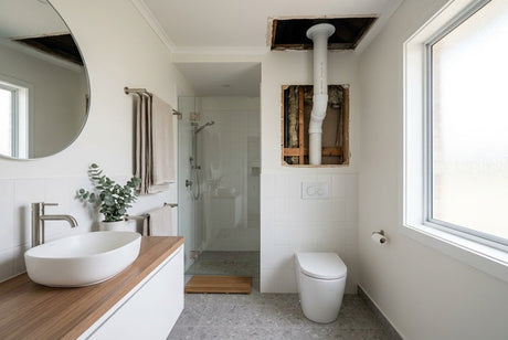 Modern white bathroom with exposed toilet ventilation pipe through open ceiling