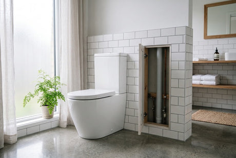 White toilet beside open wall access panel revealing exposed plumbing pipes