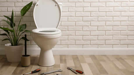 Toilet with tools on floor for toilet repair