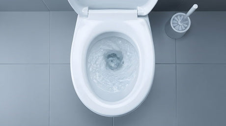 Overhead view of white toilet flushing with swirling water vortex