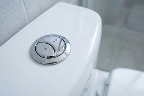 Chrome dual flush push button on white toilet cistern with grey tiles