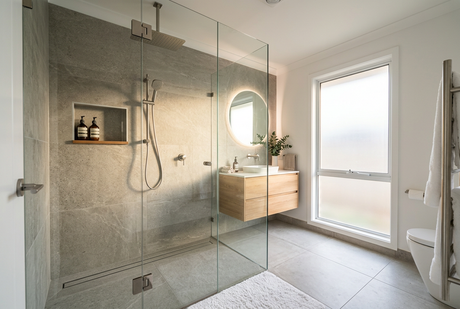 Modern bathroom with frameless glass walk-in shower, rain head and timber vanity