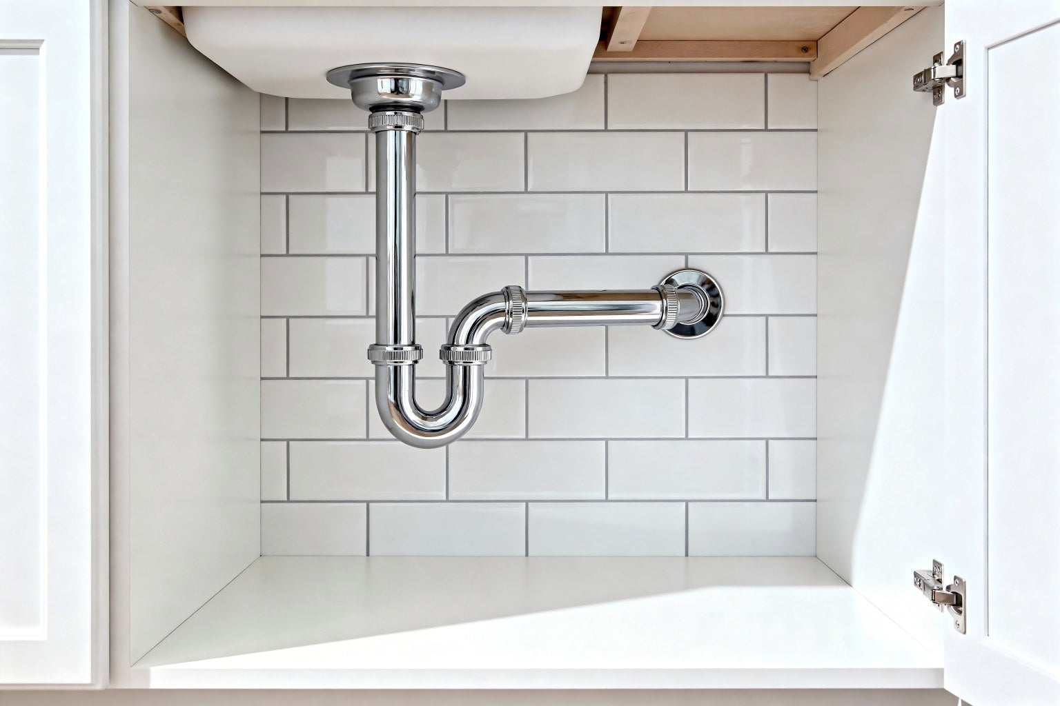 Under-sink bathroom plumbing with exposed chrome P-trap and tiled backsplash