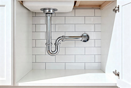 Under-sink bathroom plumbing with exposed chrome P-trap and tiled backsplash