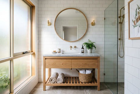 Timber bathroom vanity with marble top, round mirror and brass wall sconces