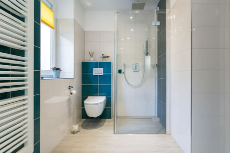 Modern bathroom with wall-hung toilet and glass shower enclosure