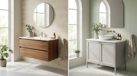 Wall hung walnut vanity beside freestanding white vanity with vessel basin and gold tap