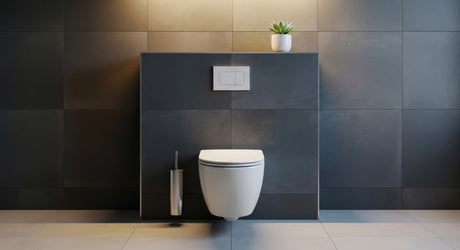 Wall-hung white toilet with grey dual flush button panel on dark tiled wall