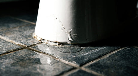 Water leaking from the base of a toilet onto dark bathroom floor tiles