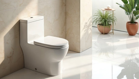 White ceramic close-coupled toilet against cream marble tiles in modern bathroom