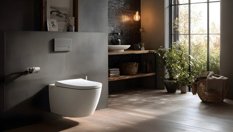 Modern public WC corridor with timber doors, toilet, bidet and tropical plants