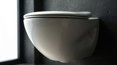 White ceramic wall-hung toilet with closed seat against dark grey wall