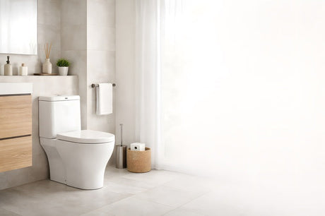 Modern white WC suite beside timber vanity, wicker basket and sheer curtain