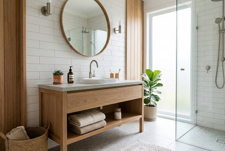Timber bathroom vanity with stone benchtop, round mirror, and glass shower