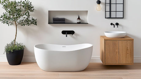 Modern bathroom with white freestanding bath, timber vanity cabinet and vessel basin