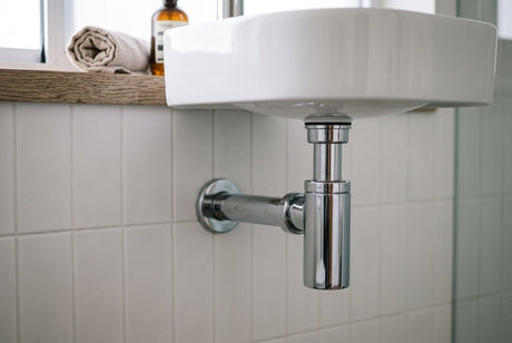 Chrome bottle trap beneath white wall-mounted basin on white subway tiles