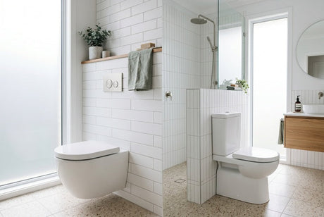 Wall-hung and close-coupled toilets side by side in bright white tiled bathroom
