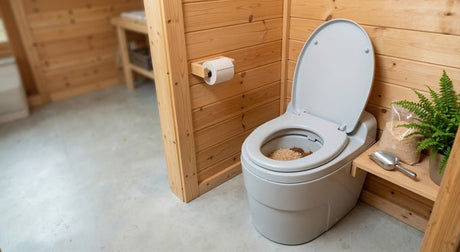Grey composting toilet with sawdust inside, beside timber wall and fern plant