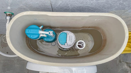White dual-flush toilet cistern with modern flush mechanism visible