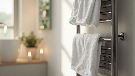 Fresh white towels hanging on a heated towel rail in a modern bathroom