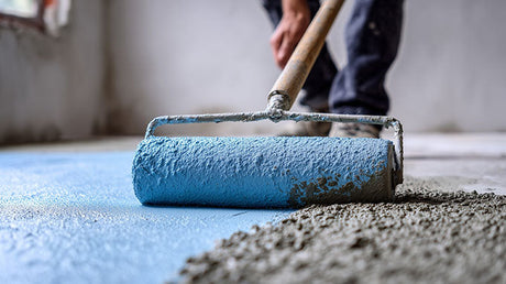 Worker applying blue waterproofing membrane to a bathroom floor with a paint roller