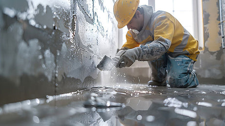 Builder applying waterproofing membrane to bathroom wall and floor during renovation