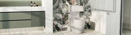 Accessible bathroom with support rails and rimless toilet