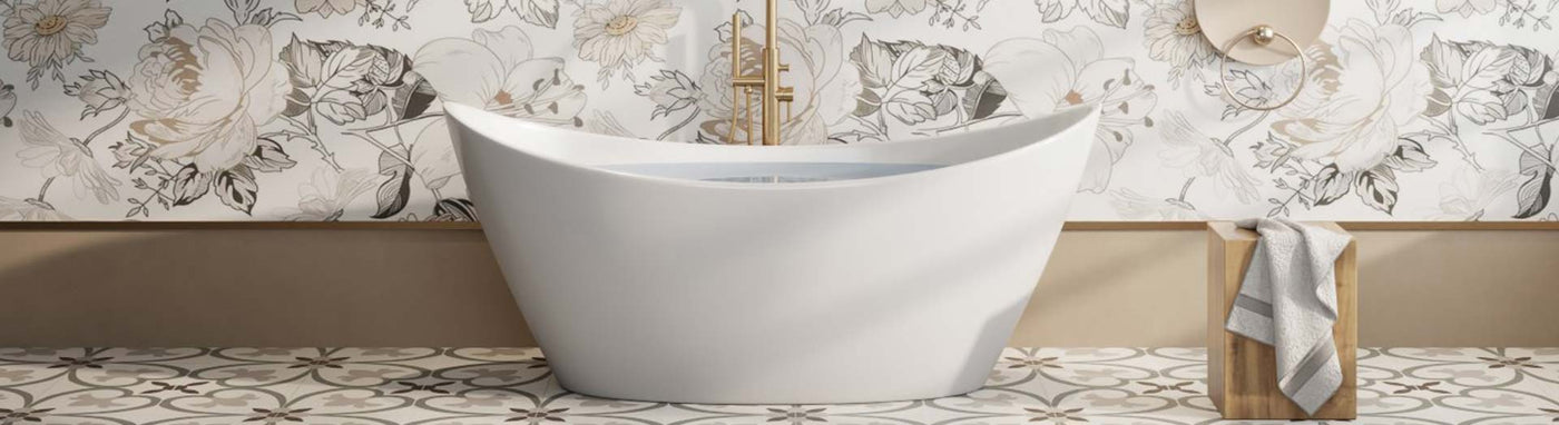 Modern white acrylic freestanding bath with brushed gold tapware