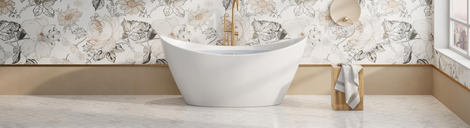 Modern white acrylic freestanding bath with brushed gold tapware