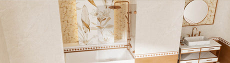 Over-bath hinged shower screen with brushed gold fittings.